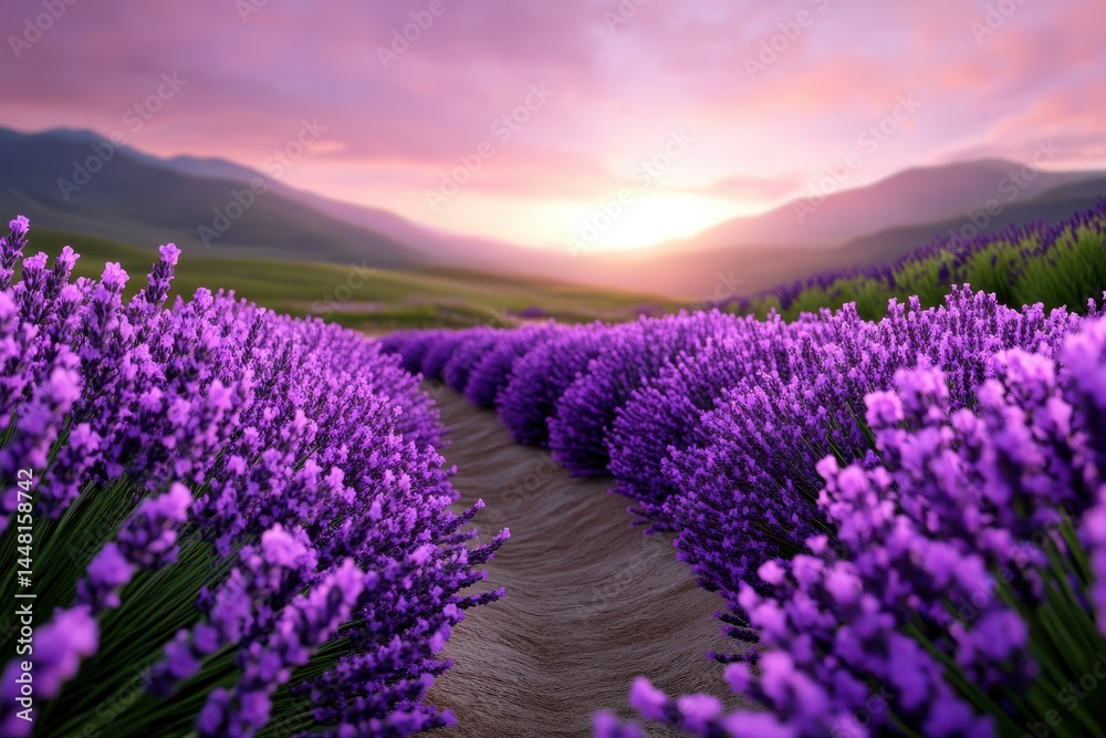 Obraz premium Stunning lavender field at sunset with a winding dirt path between rows of vibrant purple lavender flowers. The dramatic sky features pink and purple hues as the sun sets behind distant mountains.