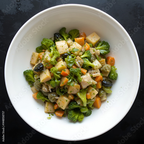 Steamed Vegetable Salad in a Bowl on Black Background