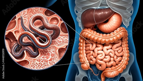 The diagram of the human gut and parasites represents health, medicine, and prevention, conveying the concept of concern for gut health and prevention of parasitic hazards.