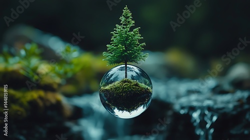 Miniature tree in a crystal ball, nestled in a lush microcosm