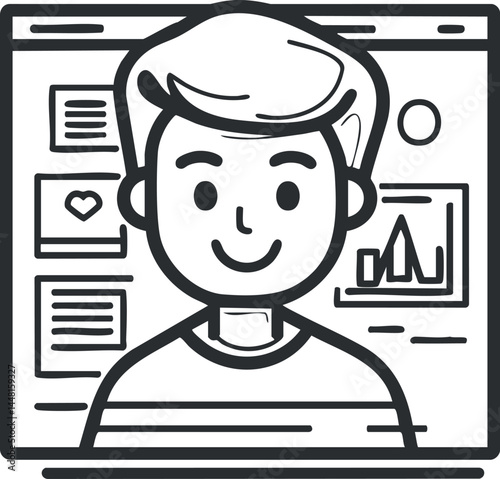 Black and white line art illustration of a smiling man on a web browser profile interface