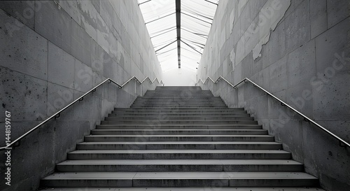Walking Up Gray Concrete Staircase with Metal Railing and Skylight