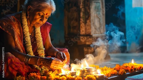 A woman sits on the floor with a wreath in her lap. She is lighting candles in a bowl