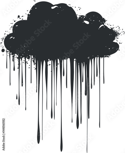 Black dripping paint cloud illustration with splatter effect and raindrops on white background