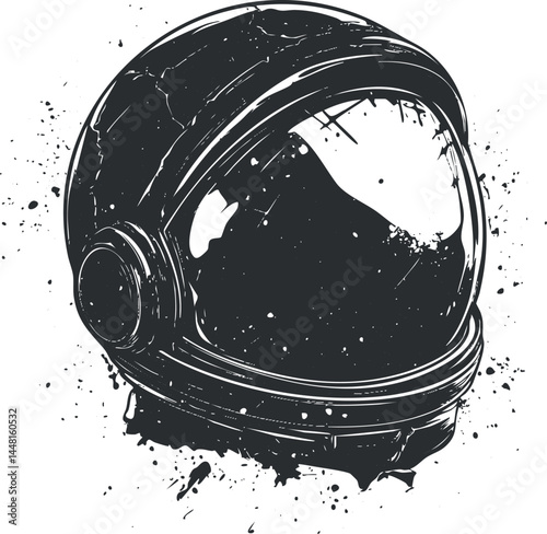 Black and white vintage style illustration of an astronaut helmet with reflective visor and splatter effects