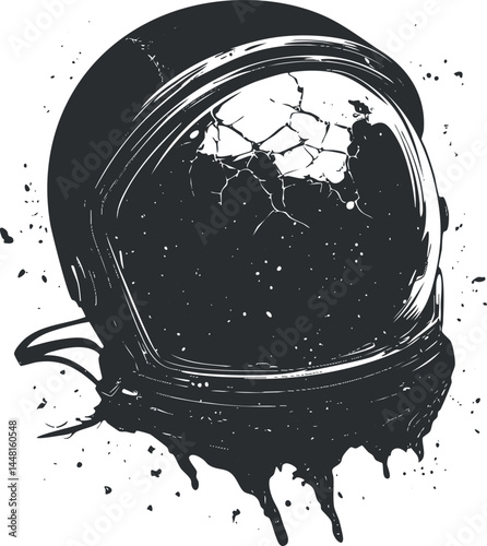 Black and white illustration of a cracked astronaut helmet with splatter effects symbolizing space exploration and damage