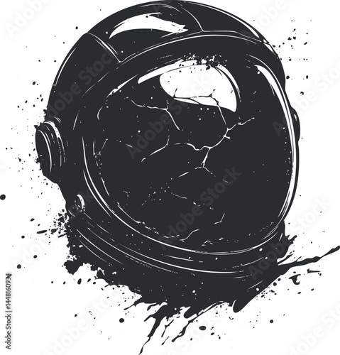 Black and white illustration of a cracked space helmet with splattered paint effect isolated on white background