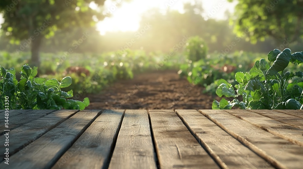 Wooden plank pathway in sunny vegetable garden with trees Wooden plank pathway in sunny vegetable garden with trees
