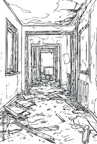 Black and white line drawing of an abandoned dilapidated hallway with debris and decay inside a ruined building