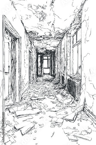 Black and white sketch of an abandoned hallway with peeling walls, cracked ceiling, broken windows, and debris scattered on the floor.