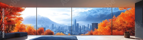 Panoramic city view framed by autumnal foliage.