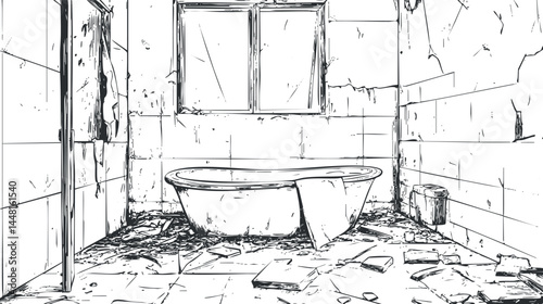 Interior view of an abandoned bathroom with a broken bathtub and damaged walls in ruins