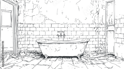 Old clawfoot bathtub in an abandoned, deteriorated tiled bathroom with cracked walls and floors