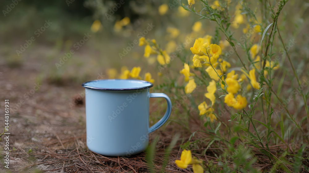 Obraz premium Blue enamel mug beside yellow wildflowers on forest trail