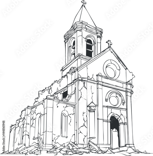 Black and white line drawing of a damaged old church building with cracks and broken walls showing ruins and decay.