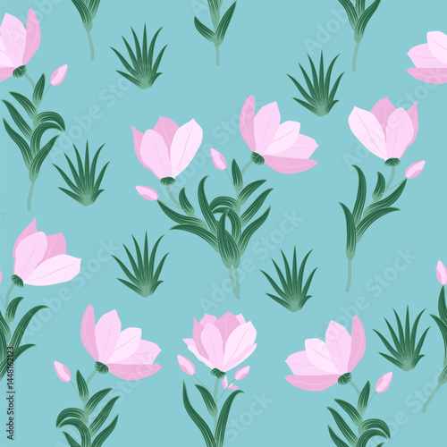 Vector seamless pattern with pink flowers, light background.