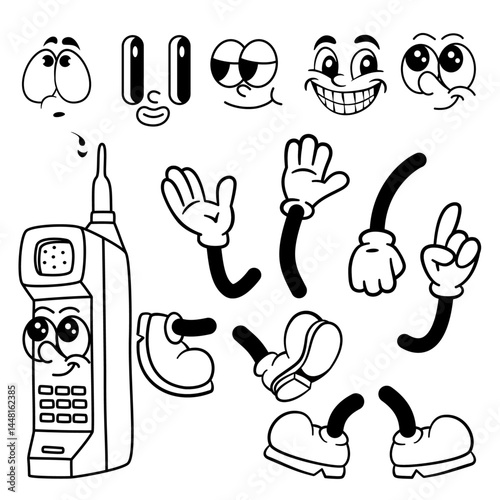 set of carton groovy mobile phone icons. hand drawn vector illustration body part, face, hand, foot