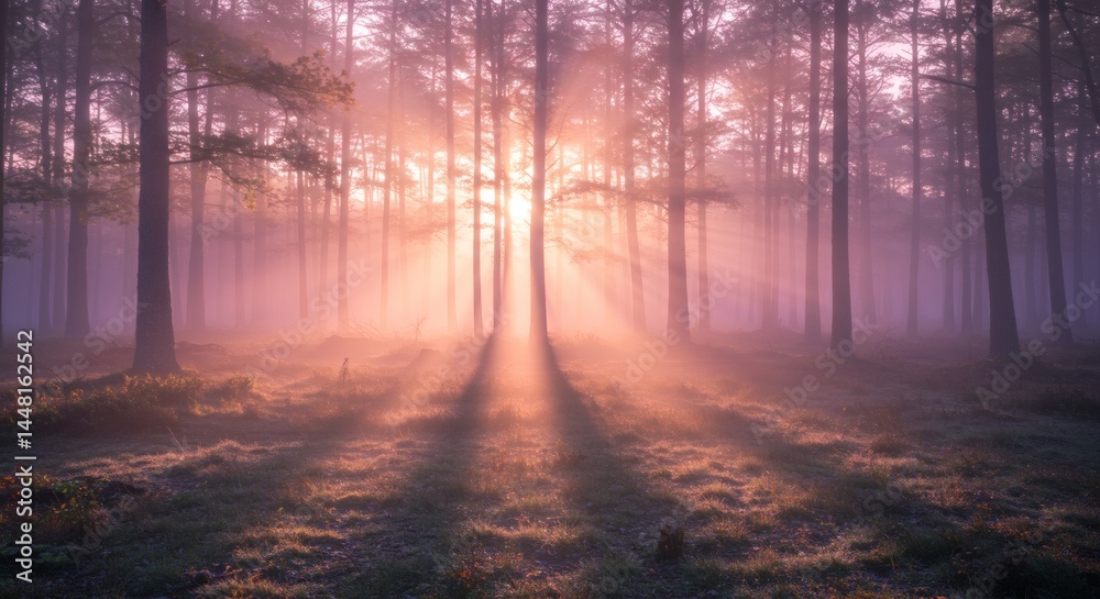 Fototapeta premium The sun's rays pierce through the misty trees of a beautiful, early morning forest scene.