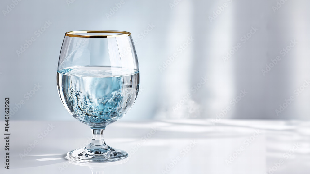 Elegant Glass Of Water With Gold Rim On White Table With Soft Lighting