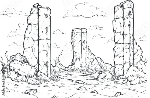 Black and white sketch of ancient weathered stone pillars in ruins surrounded by cracked ground and sparse vegetation under cloudy sky