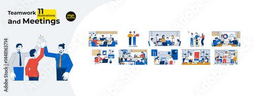 Business teamwork and meetings cartoon flat illustrations mega bundle. Project planning, brainstorming. Diverse team office workers 2D images isolated on white. Collection vector drawings colorful