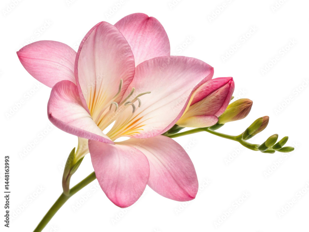 Beautiful freesia flower in soft pink hues showcases delicate petals and graceful stem, embodying elegance and charm Beautiful freesia flower in soft pink hues showcases delicate petals and graceful stem, embodying elegance and charm