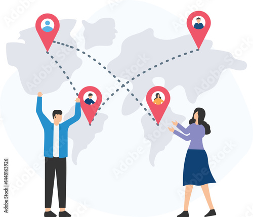 Businesspeople connecting global locations or world map, marking locations or placing pins on map, enhancing international network or cross-border communication, establishing global partnerships