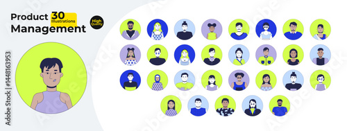 Diverse avatars in circular frames cartoon flat illustrations mega bundle. Multicultural people with varied hairstyles, expressions 2D images isolated on white. Collection vector drawings colorful