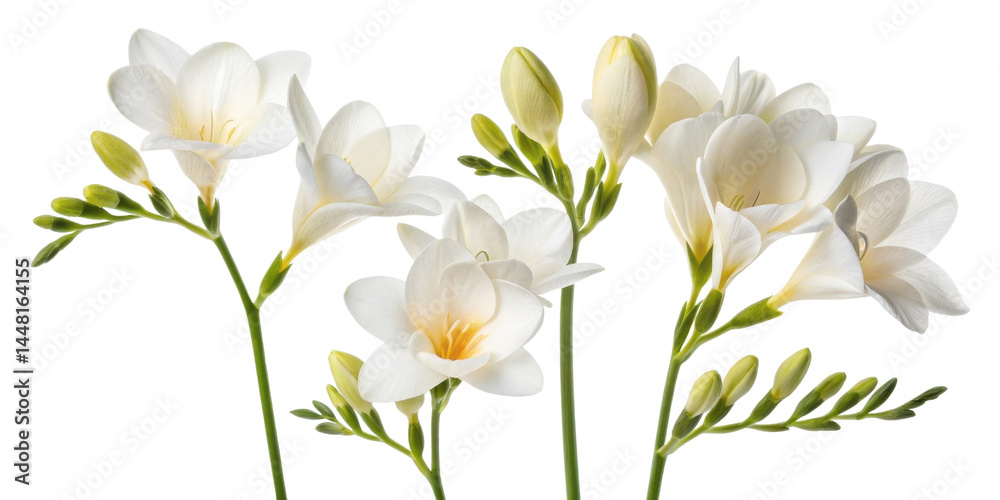 Naklejka premium Beautiful freesia flowers bloom gracefully, showcasing their delicate petals and vibrant colors, creating serene and joyful atmosphere