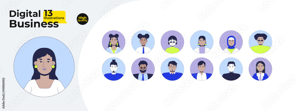 Diverse professionals avatars cartoon flat illustrations mega bundle. Office workers. Multicultural employees characters profile circle 2D images isolated on white. Collection vector drawings colorful Diverse professionals avatars cartoon flat illustrations mega bundle. Office workers. Multicultural employees characters profile circle 2D images isolated on white. Collection vector drawings colorful