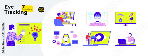 Eye tracking and UX testing technology cartoon flat illustrations mega bundle. Heatmaps, gaze mapping, user experience analysis 2D images isolated on white. Collection vector drawings colorful