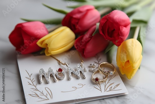 A beautifully crafted Mother's Day card featuring a heartfelt message, surrounded by vibrant red roses and fresh yellow tulips. The card is adorned with elegant jewelry, capturing a warm a 