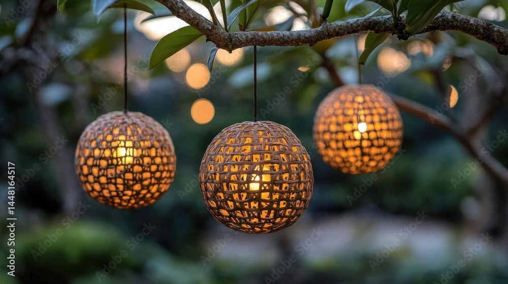 Fototapeta premium Three illuminated woven sphere lights hanging from a tree branch at dusk.