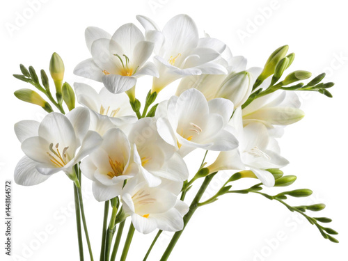 Beautiful bouquet of freesia flowers showcases their delicate white petals and vibrant green buds, perfect for any occasion
