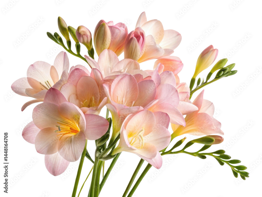 Beautiful bouquet of freesia flowers showcases delicate petals in soft pink hues, radiating elegance and charm Beautiful bouquet of freesia flowers showcases delicate petals in soft pink hues, radiating elegance and charm