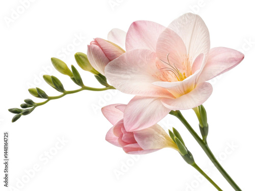 Beautiful freesia flower in soft pink hues showcases delicate petals and vibrant green buds, creating serene and elegant display