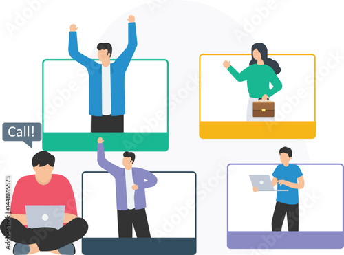 Coworkers video calling or connecting online for business meeting, collaborating remotely or having virtual discussions, discussing strategies or business goals through video conference, managing work