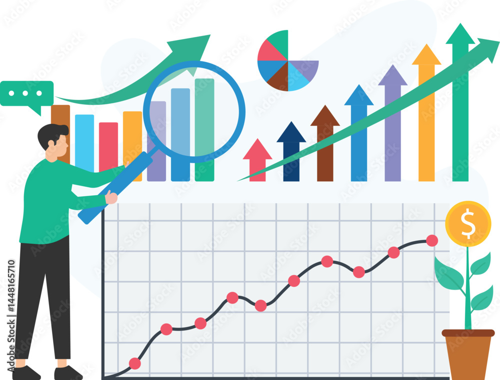 Market analyst using magnifying glass to analyze growth charts or financial progress, evaluating investment performance or business success, examining data trends or market indicators, interpreting Market analyst using magnifying glass to analyze growth charts or financial progress, evaluating investment performance or business success, examining data trends or market indicators, interpreting