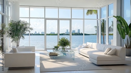 Modern living room with white sofa, glass table, plants and waterfront city view.
