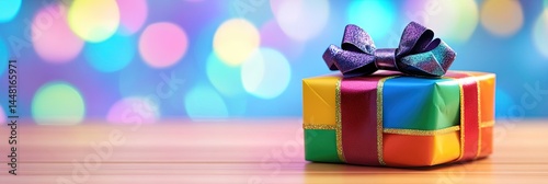 rainbow gift-wrapped present with bow on background