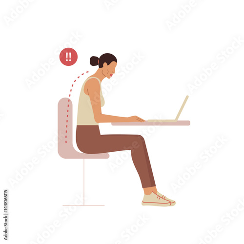 Female posture, poor back alignment. The young woman works at the computer. Vector illustration for health, fitness, posture correction, back pain prevention. 
