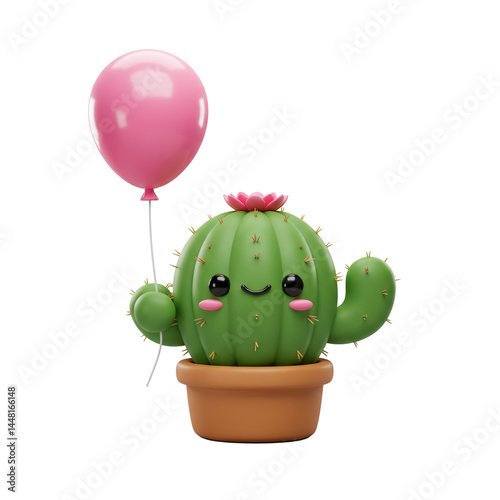 3d Kawaii cactus flower holding a balloon