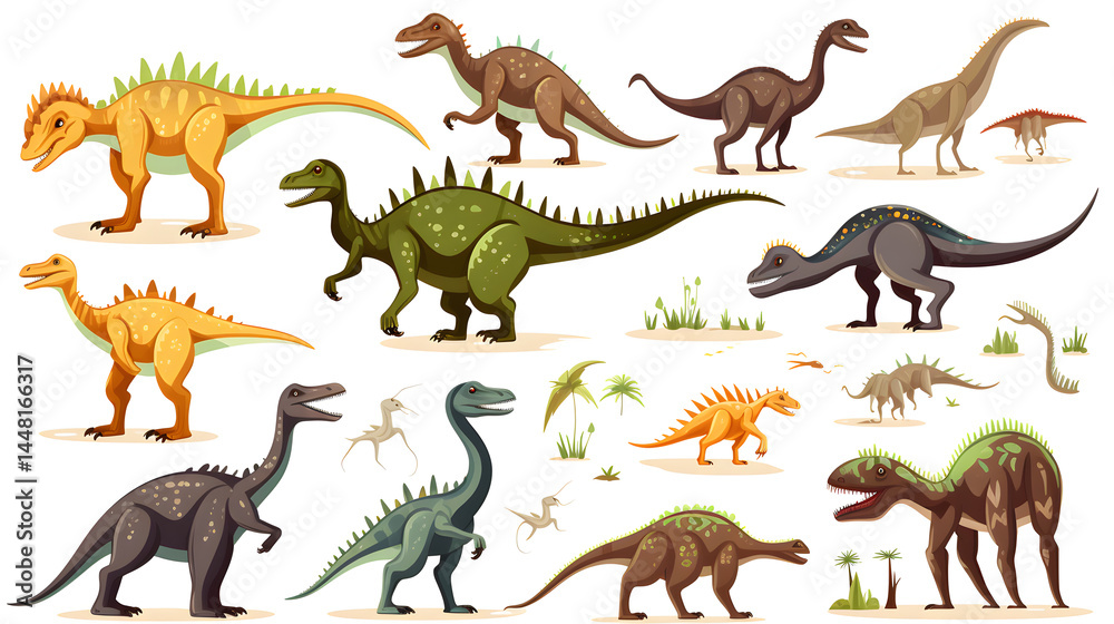 Dino Set: Collection of Prehistoric Dinosaurus like Stegos in Detailed Illustrations Dino Set: Collection of Prehistoric Dinosaurus like Stegos in Detailed Illustrations