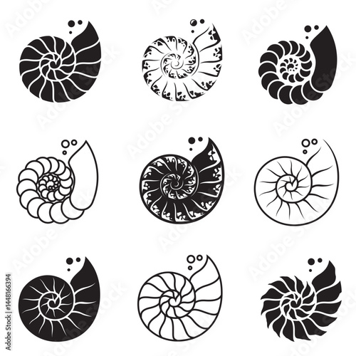 collection of black labels of nautilus shell isolated on white background