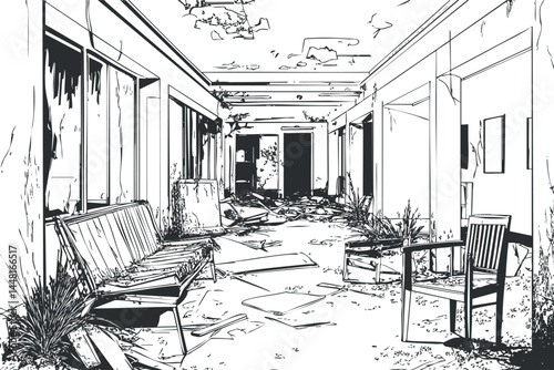 Black and white line art of an abandoned and dilapidated hallway with broken furniture and overgrown plants