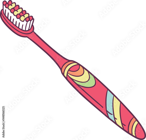 This vector image features a colorful toothbrush with a red handle and white bristles, accented with yellow and red tips. The design is bright and visually engaging.