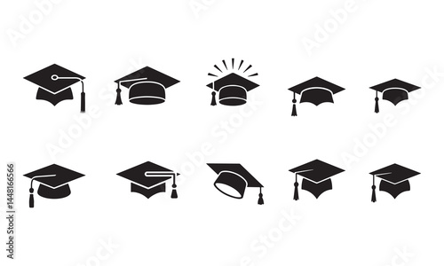  Graduation cap icon set, university or college graduation hat icon, student graduation cap , student hat outline and filled vector sign. Education symbol, logo silhouette vector