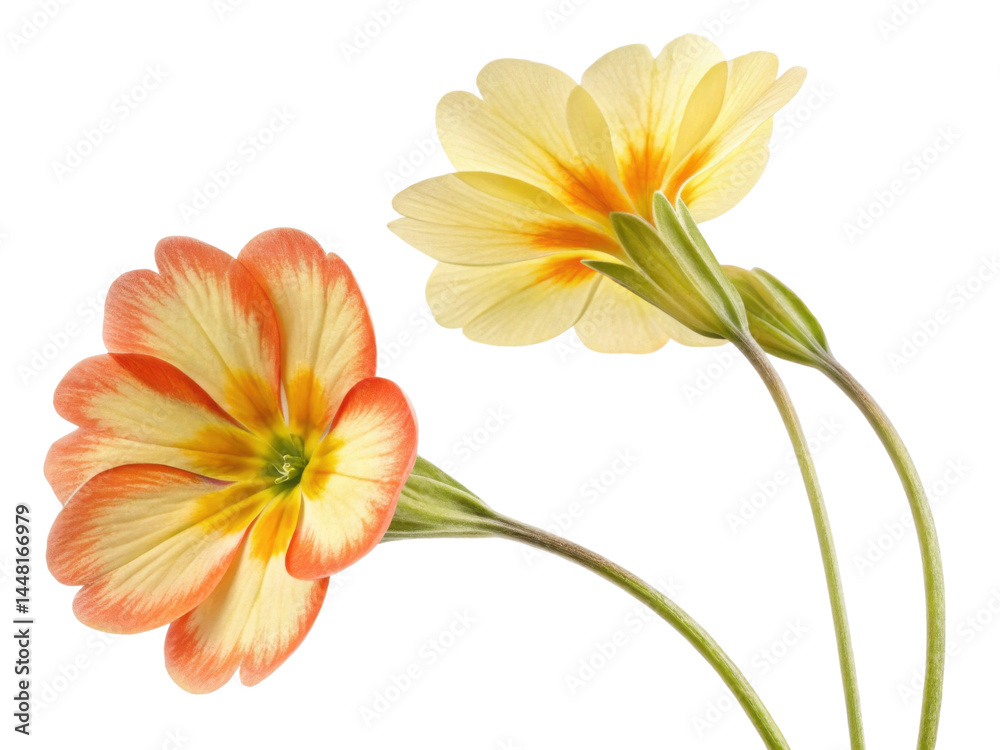 Fototapeta premium Primrose flowers bloom in vibrant colors showcasing their delicate beauty and charm. These lovely blossoms add touch of elegance to any garden
