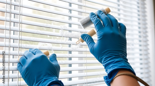Maniacally scrubbing filthy window blinds with precision and care using specialized cleaning tools
