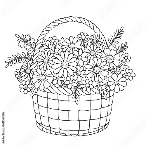 Beautiful line art illustration of a wicker basket filled with blooming flowers like daisies and roses, showcasing elegant details and calming, intricate designs. Ideal for coloring activities and dec